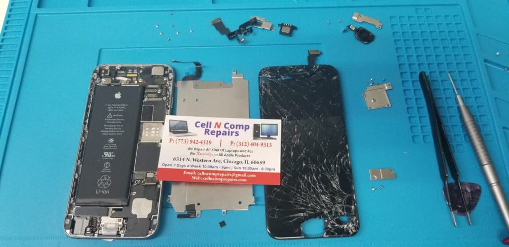 image of the phone screen and battery replacement in process