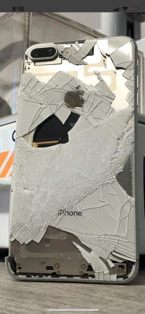 image of Broken iPhone 8 plus back glass and frame came in for repair