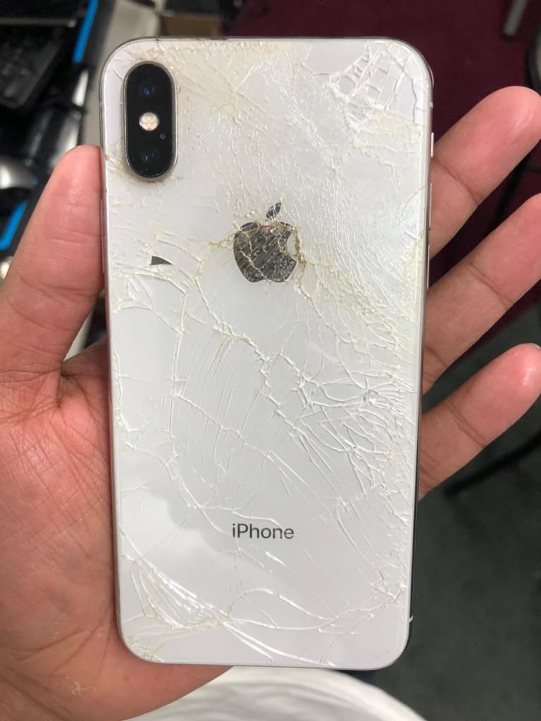 image of badly cracked iPhone X Back Glass Repair came in for repair
