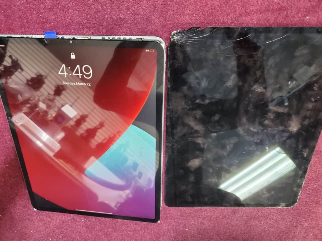 before and after image of damage iPad Pro 12.9 4th Gen LCD Replacement done by us