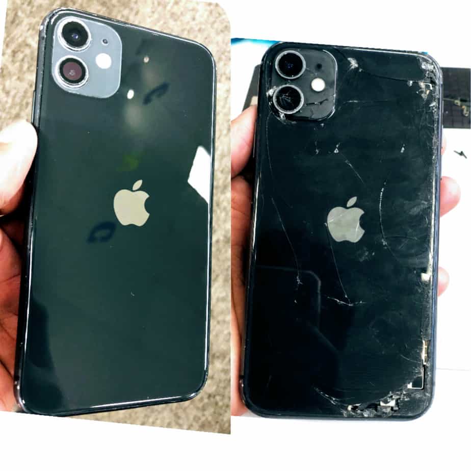 before and after image of iPhone 11 cracked back we fixed