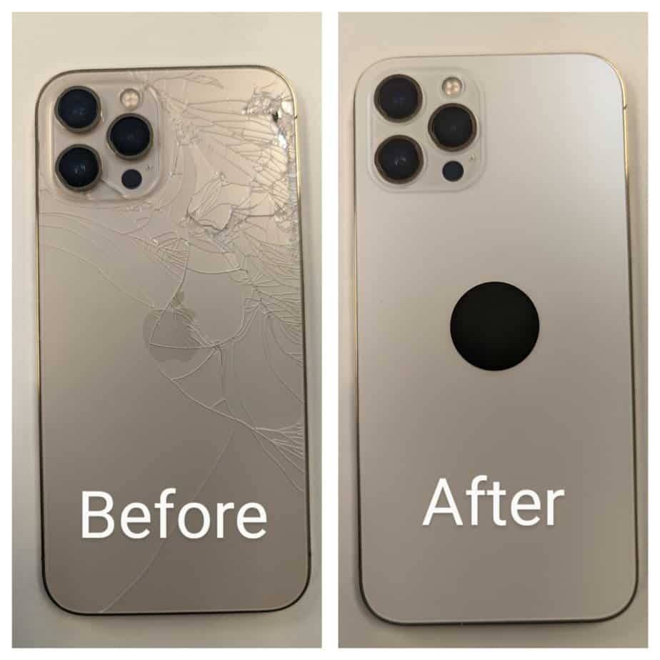 Before and After image of iPhone 12 Pro max back repair